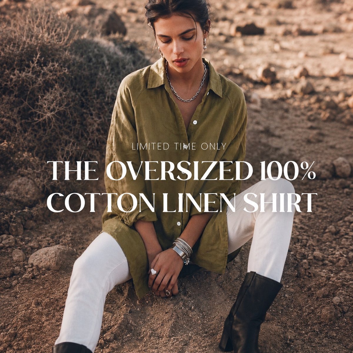 The cotton-linen shirt worn untucked, showing the dropped shoulder and boxy body